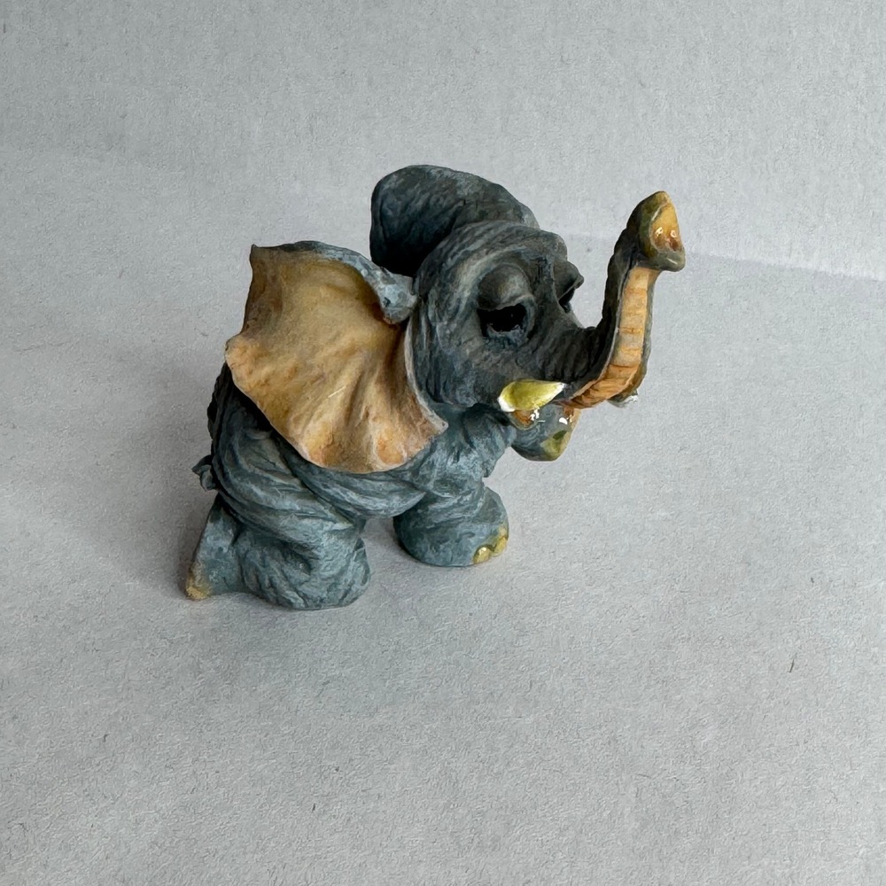 Vintage Miniature Elephant Figurine Trunk Up Grey Ceramic Japan